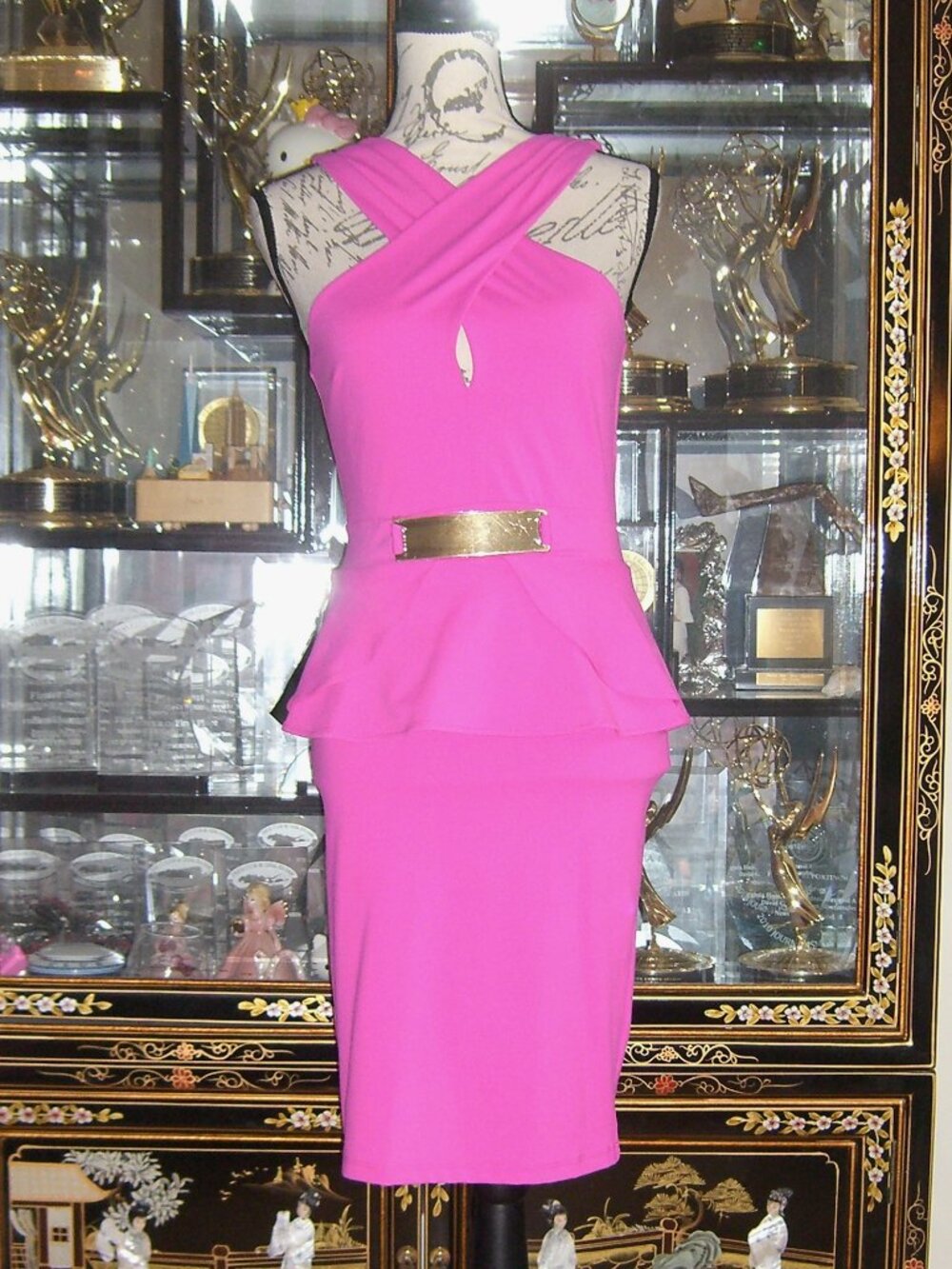 NWT BEBE HOT PINK HALTER BODYCON PEPLUM DRESS M